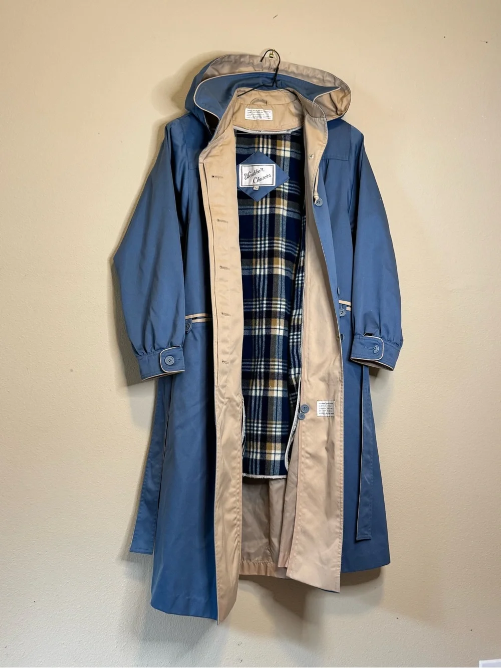 Vintage Blue Women's Trench Coat with Plaid Lining